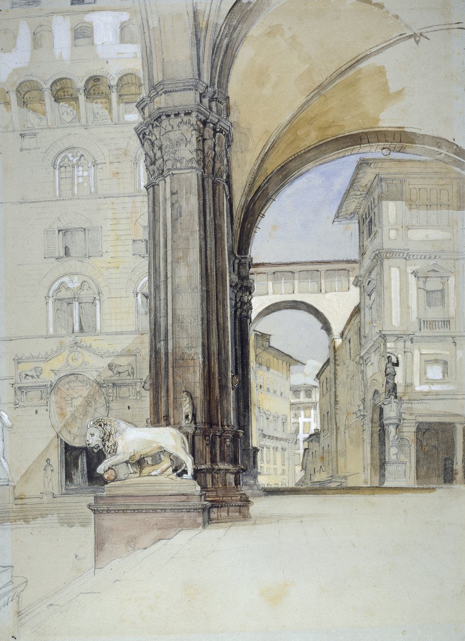Florença: o Palazzo Vecchio e o Uffizi (aquarela sobre giz preto com caneta e tinta marrom sobre papel verde claro) de John Frederick Lewis