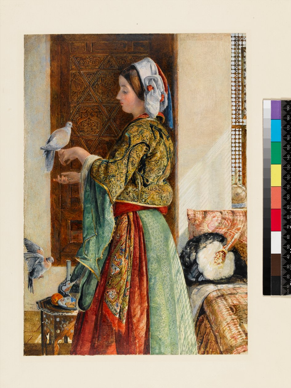 Menina com duas pombas enjauladas, Cairo, 1864 (wc e bodycolour sobre lápis no cartão fino) de John Frederick Lewis