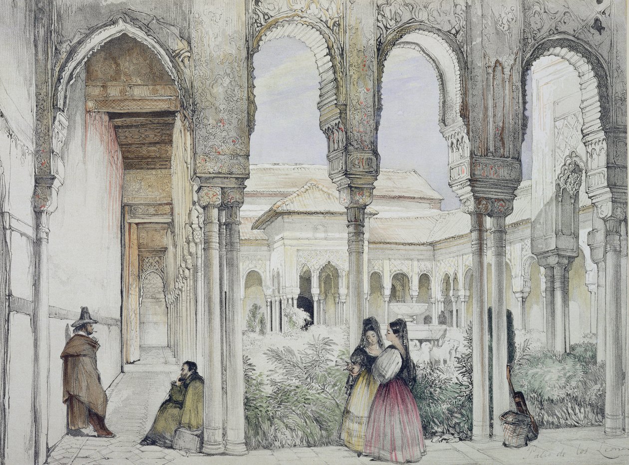 O Tribunal dos Leões (Patio de los Leones), de &39;Esboços e Desenhos da Alhambra&39;, gravado por William Gauci (fl.1825-54), 1835 de John Frederick Lewis