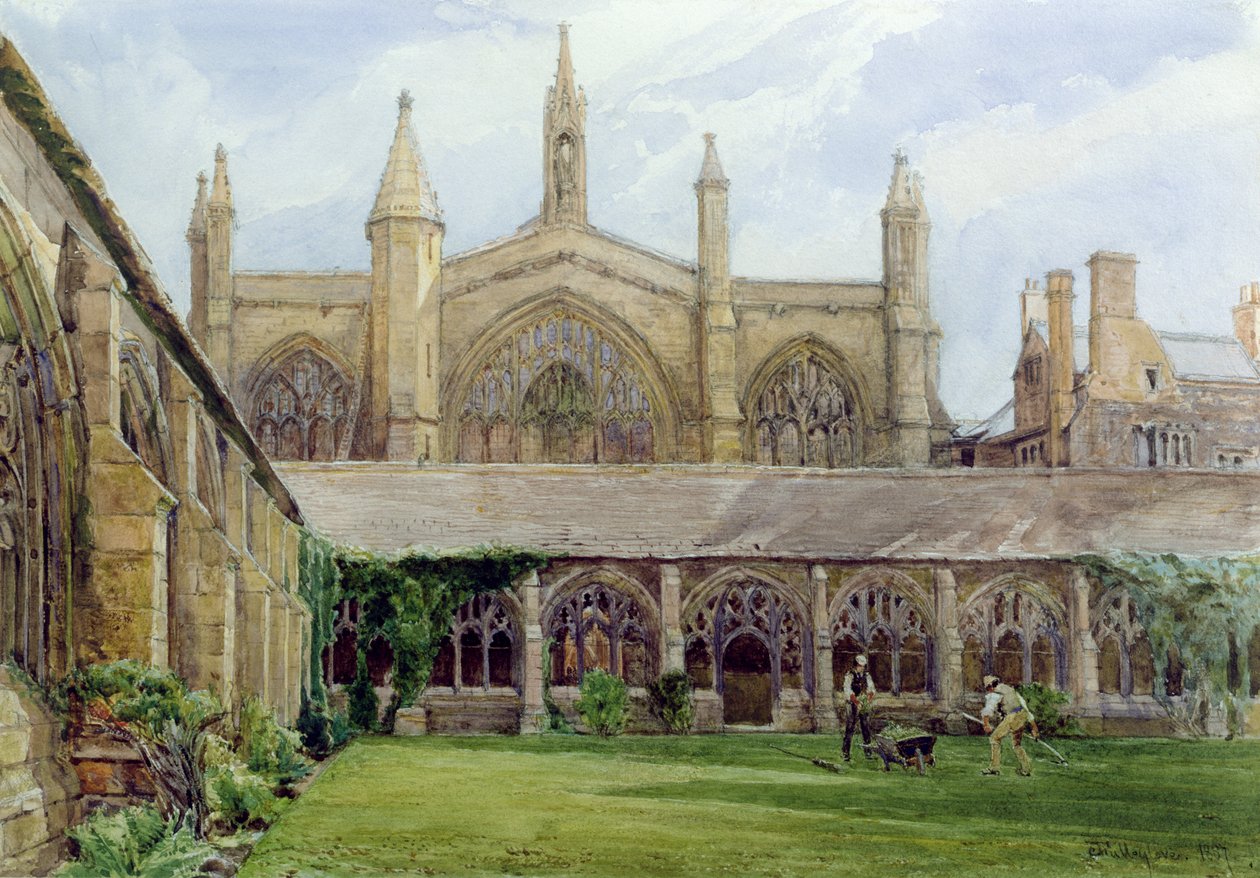 Novos claustros universitários com jardineiro, 1887 (lápis e wc no papel) de John Fulleylove