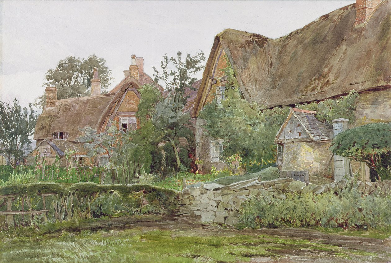 Chalés com telhado de colmo e jardins, 1881 (wc e grafite sobre papel) de John Fulleylove