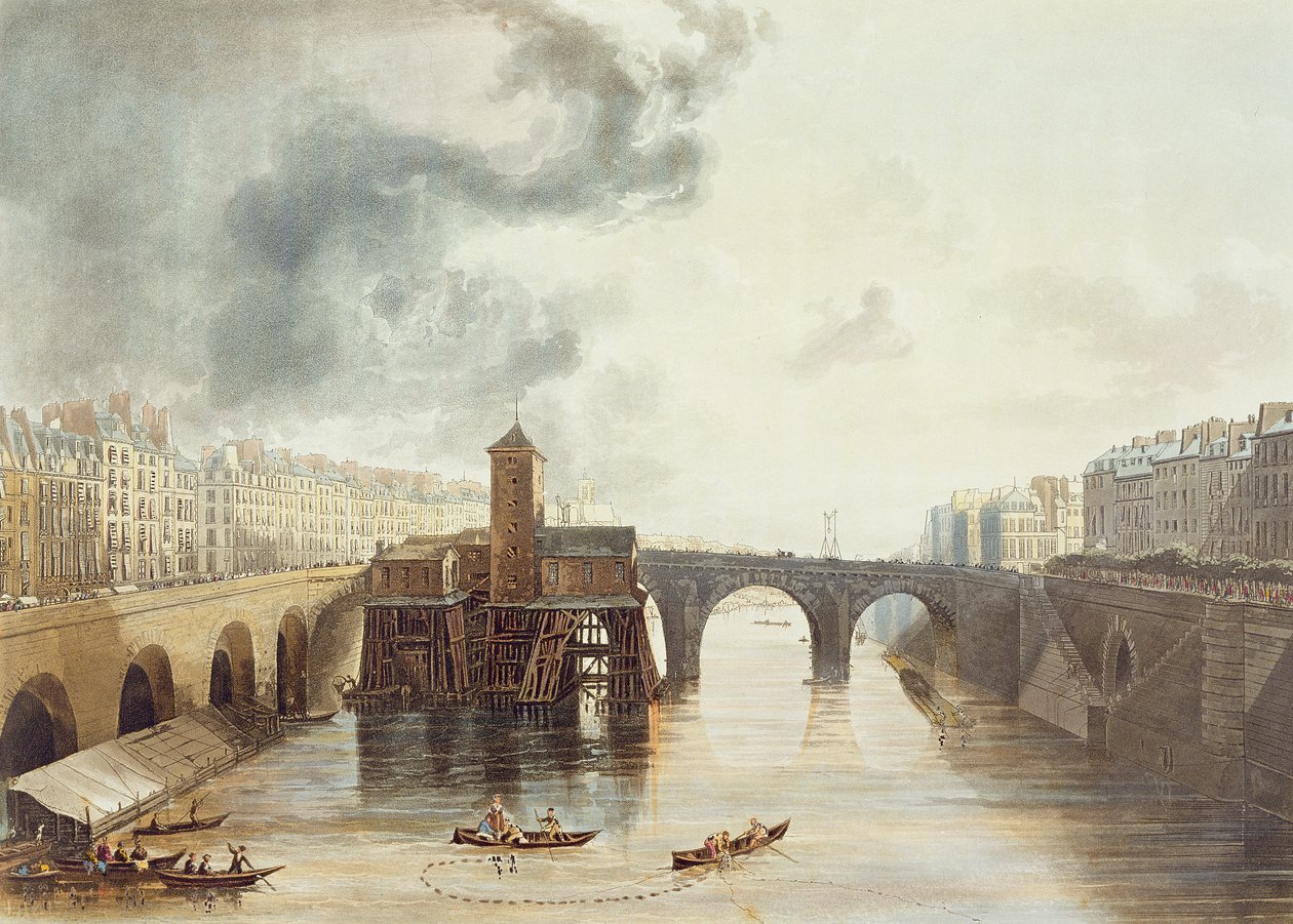 Pont Notre Dame, de "Vistas sobre o Sena", gravada por Thomas Sutherland (n.1855), publicada por R. Ackermann (1764-1834) 1821 de John Gendall
