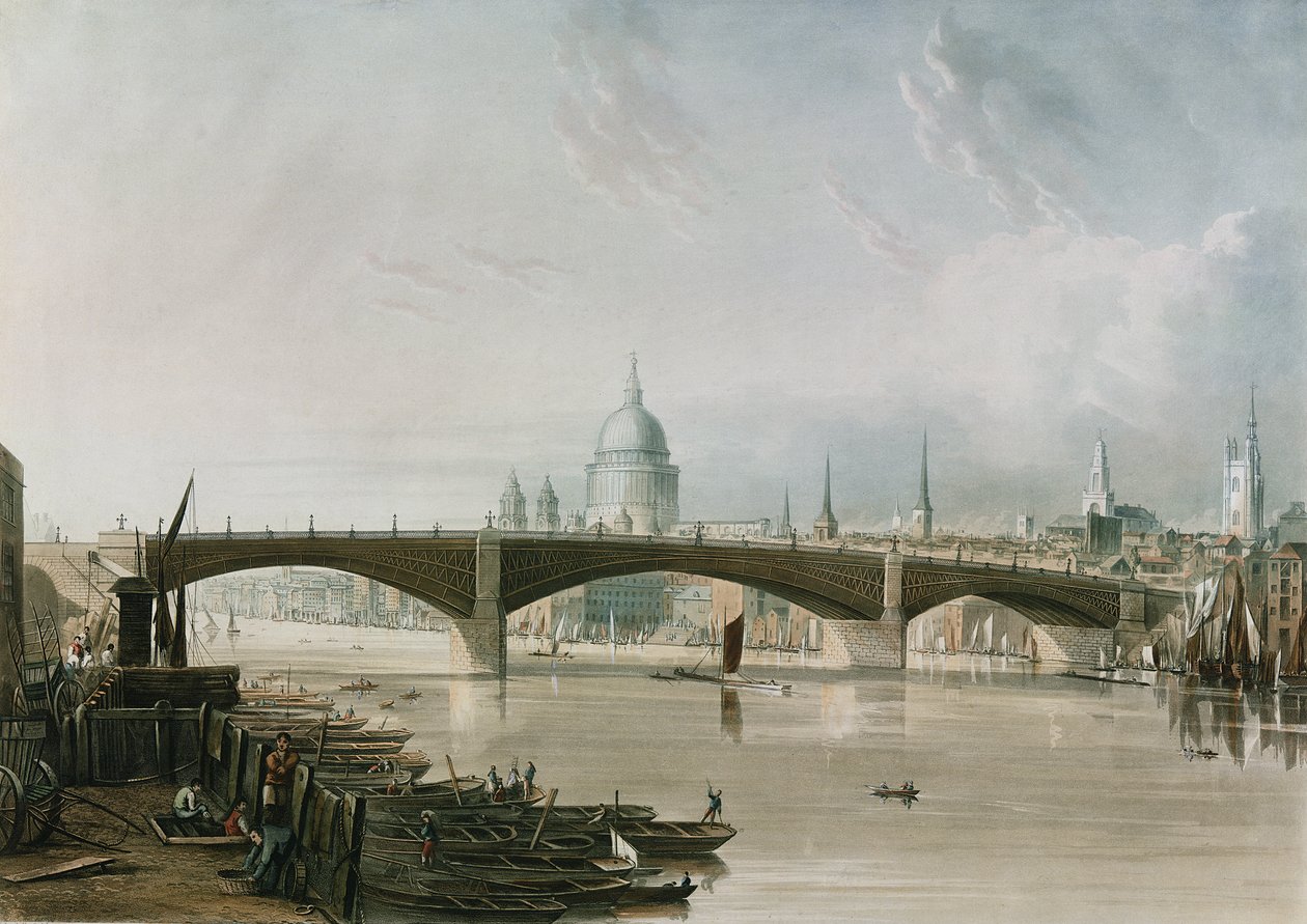 Southwark Iron Bridge, vista de Bankside, gravada por Thomas Sutherland (n.1785), pub. 1819 por Repository of Arts de Ackermann (aquatint) de John Gendall