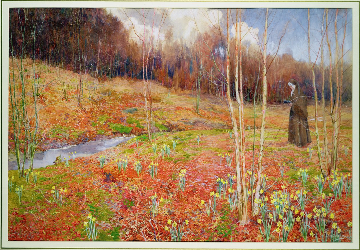 Uma paisagem na primavera, com uma freira andando entre narcisos de John George Sowerby
