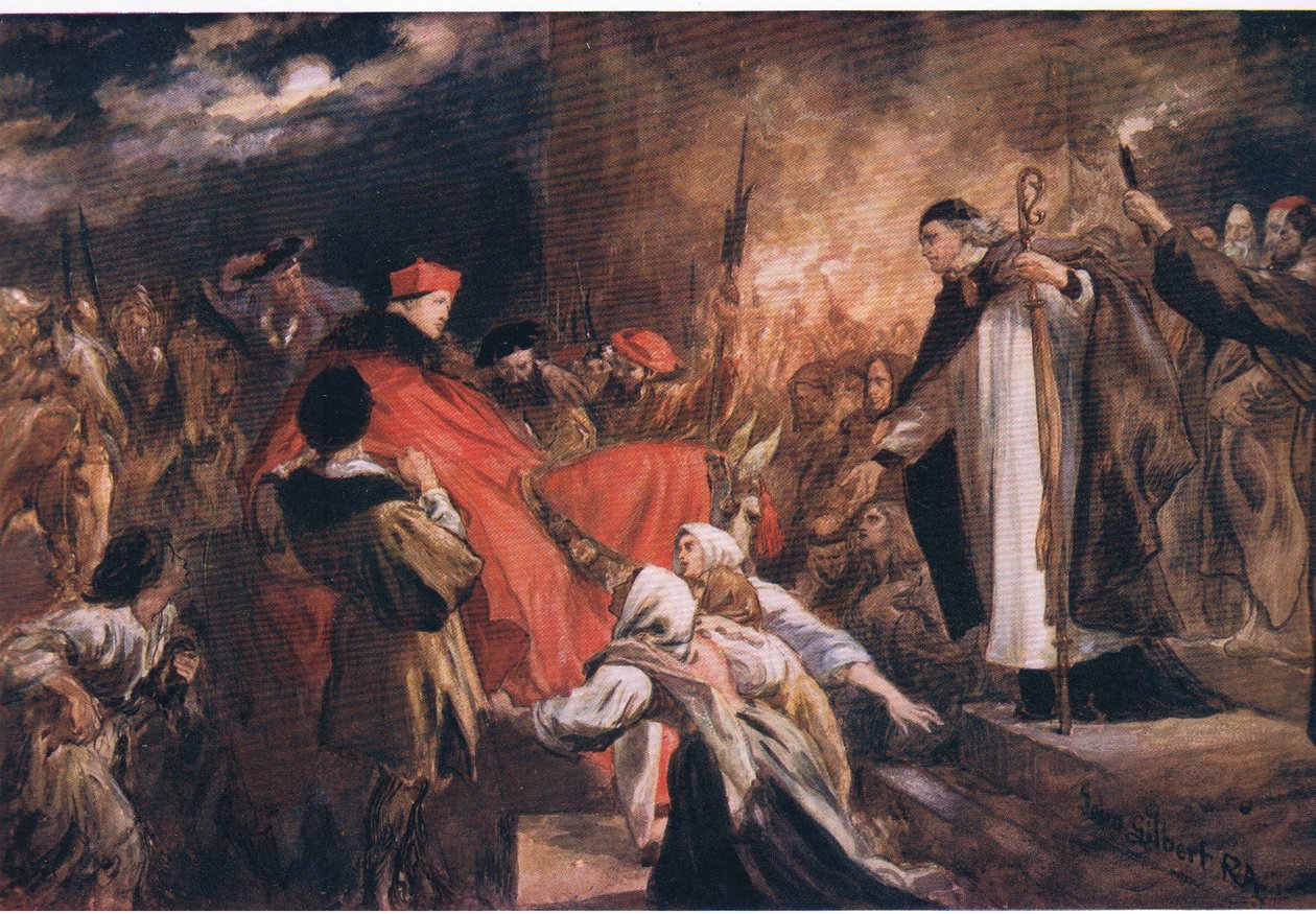 Chegada do Cardeal Wolsey na Abadia de Leicester, da História de Cassells do Povo Britânico publicada pela Waverley Book Company, c.1950s de John Gilbert