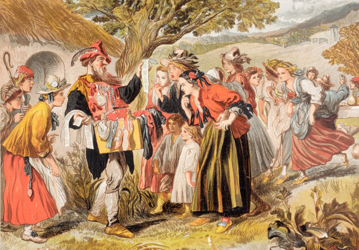 Autolycus canta em The Winter&39;s Tale, Ato IV, Cena III, de &39;The Illustrated Library Shakespeare&39;, publicado em Londres, 1890 de John Gilbert