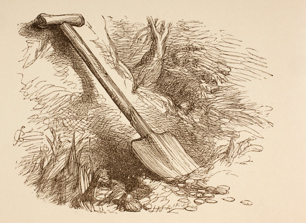 Ilustração de uma pá escavada a meio caminho do chão, de "The Illustrated Library Shakespeare", publicada em Londres, 1890 de John Gilbert