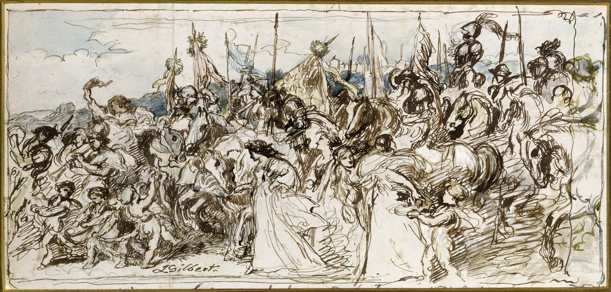 Esboço para &39;O Retorno dos Vencedores&39;, 1879 (caneta e tinta e wc) de John Gilbert
