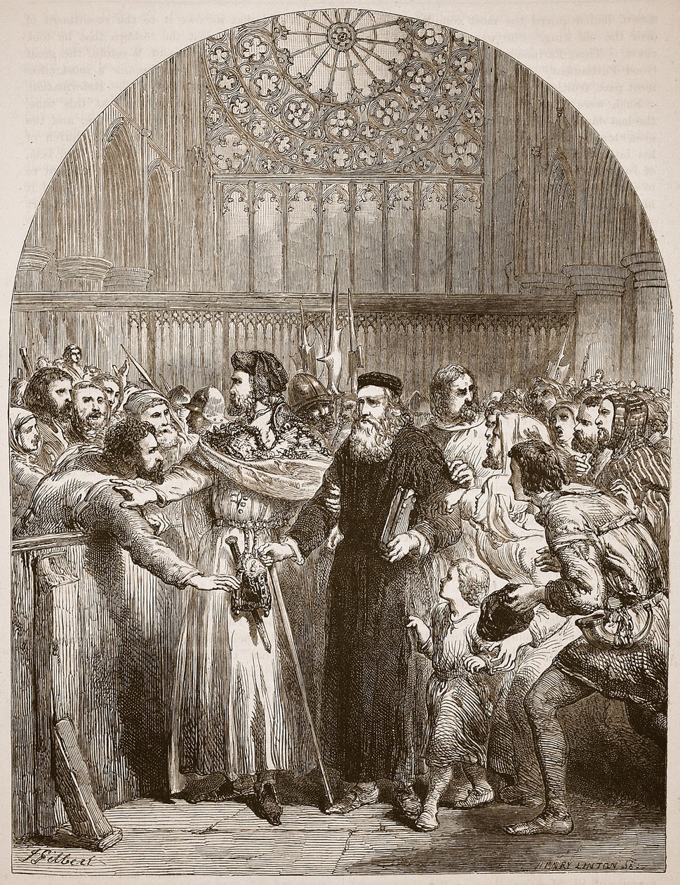 Wycliffe aparecendo diante dos Prelados em St. Paul para responder a acusação de heresia em 1377, ilustração de &39;História Ilustrada de Cassell da Inglaterra&39; (foto sépia) de John Gilbert