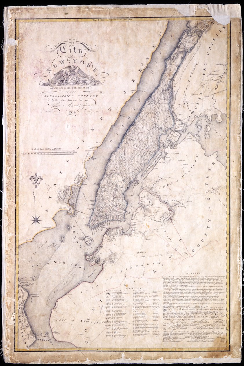A cidade de Nova York, conforme estabelecida pelos comissários com o COuntry circunvizinho, por seu secretário e agrimensor John Randel, Jr., 1814, 1814 (pena e tinta, aguarela no papel.) de John Jr. Randel