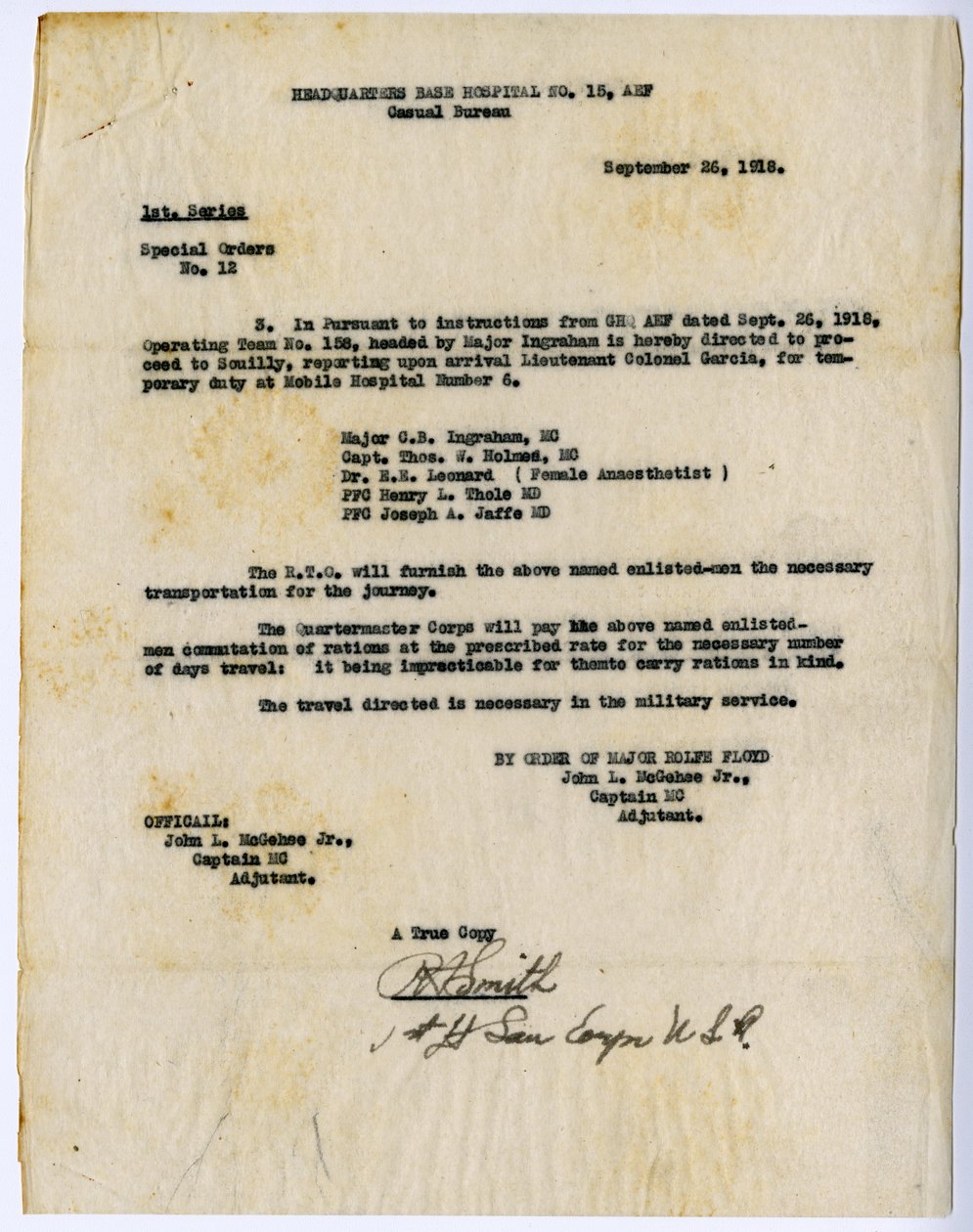 Pedidos Especiais No. 12 Extrato, Hospital Base da Sede No. 15, Casual Bureau, por ordem de Rolfe Floyd, 26 de setembro de 1918 de John L. McGehee