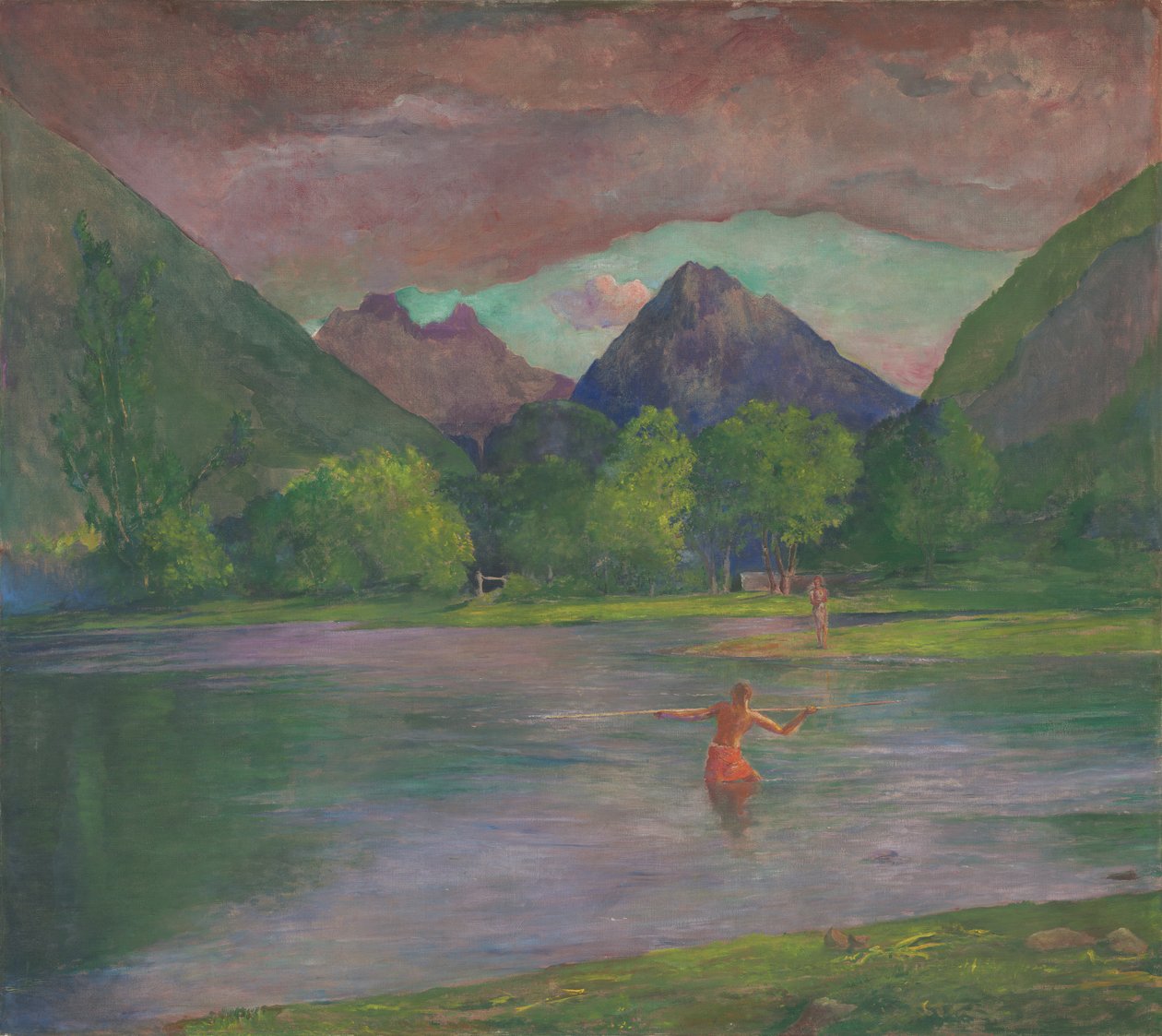 Afterglow, tautira, rio, tahiti, pescador, spearing, um, peixe, c.1895 de John La Farge or Lafarge