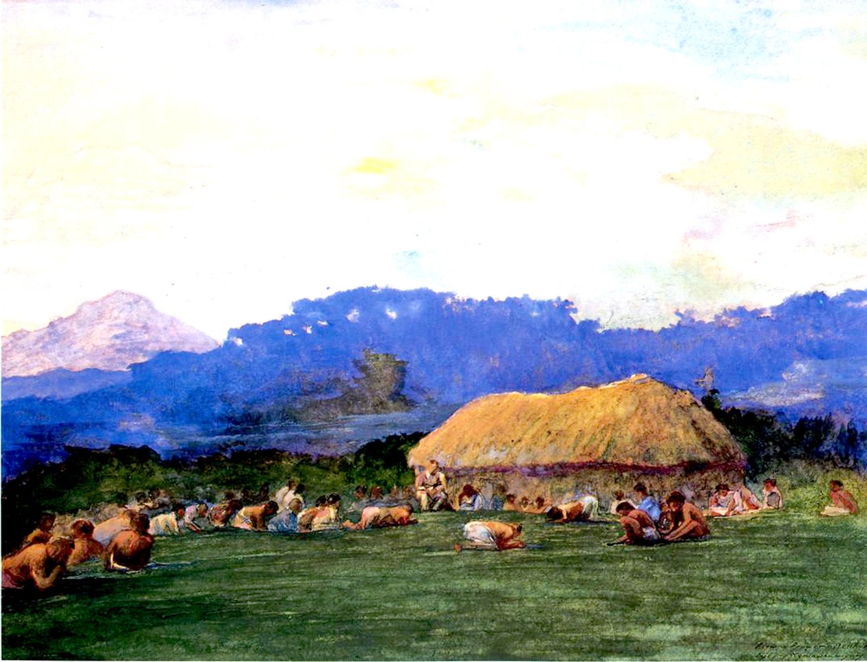Oração da tarde em Devil Country, Fiji, 1891 (wc e guache sobre papel) de John La Farge or Lafarge
