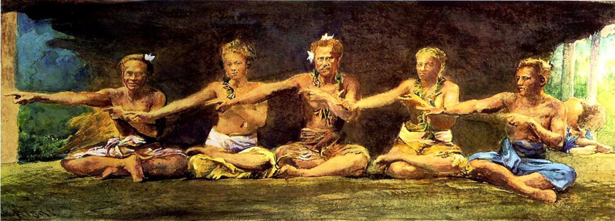 Siva Dance com 5 Dançarinos, Vaiala, Samoa, 1890 (wc e guache sobre papel) de John La Farge or Lafarge