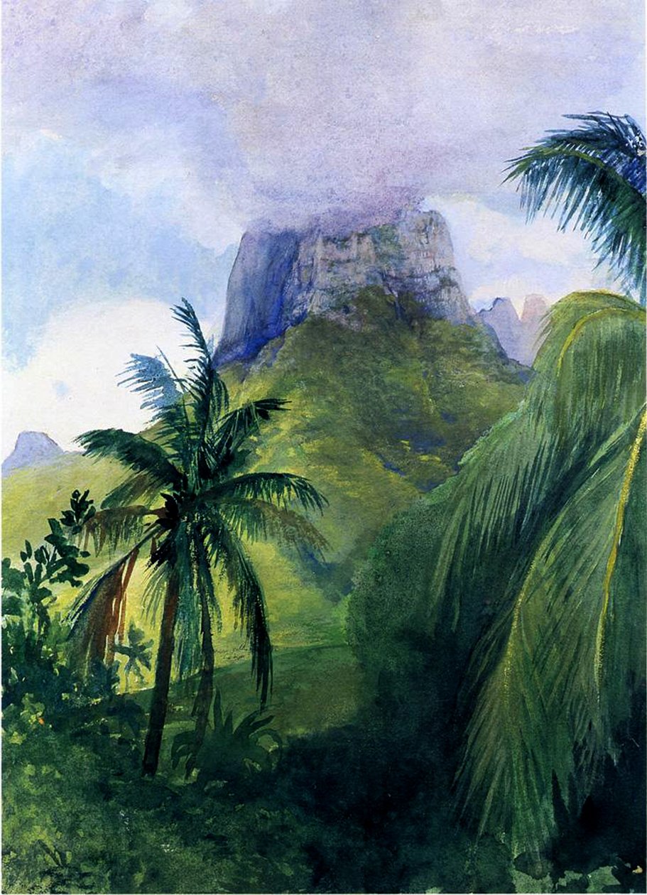 O Pico de Mauá Roa, Moorea, Society Islands, 1891 (wc e guache sobre papel a bordo) de John La Farge or Lafarge