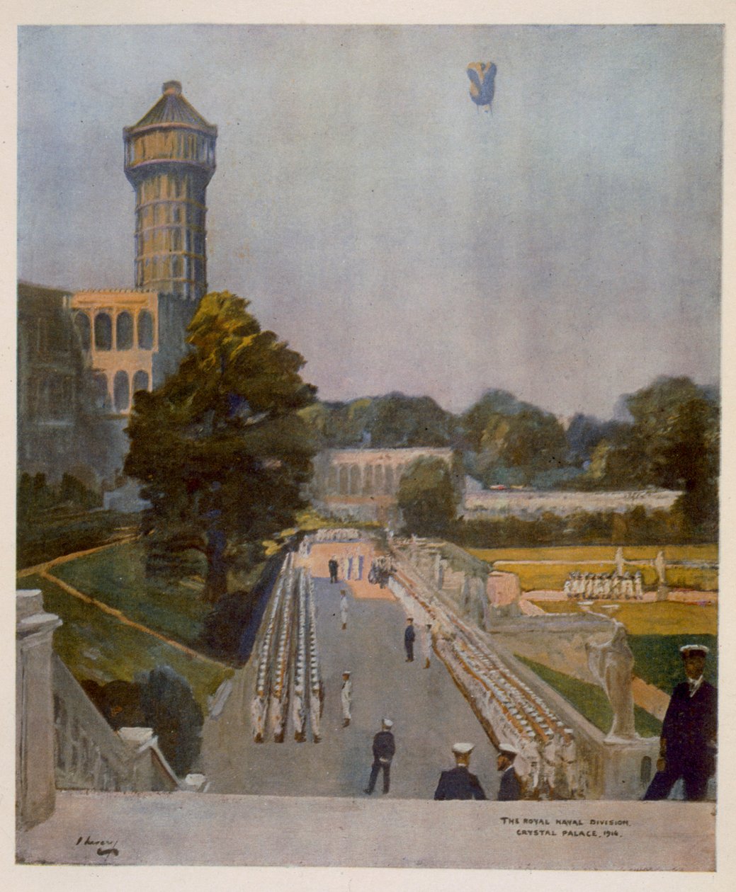 RND Crystal Palace, o local conhecido como The Quarter-Deck, de artistas britânicos na frente, continuação da frente ocidental, 1918 de John Lavery