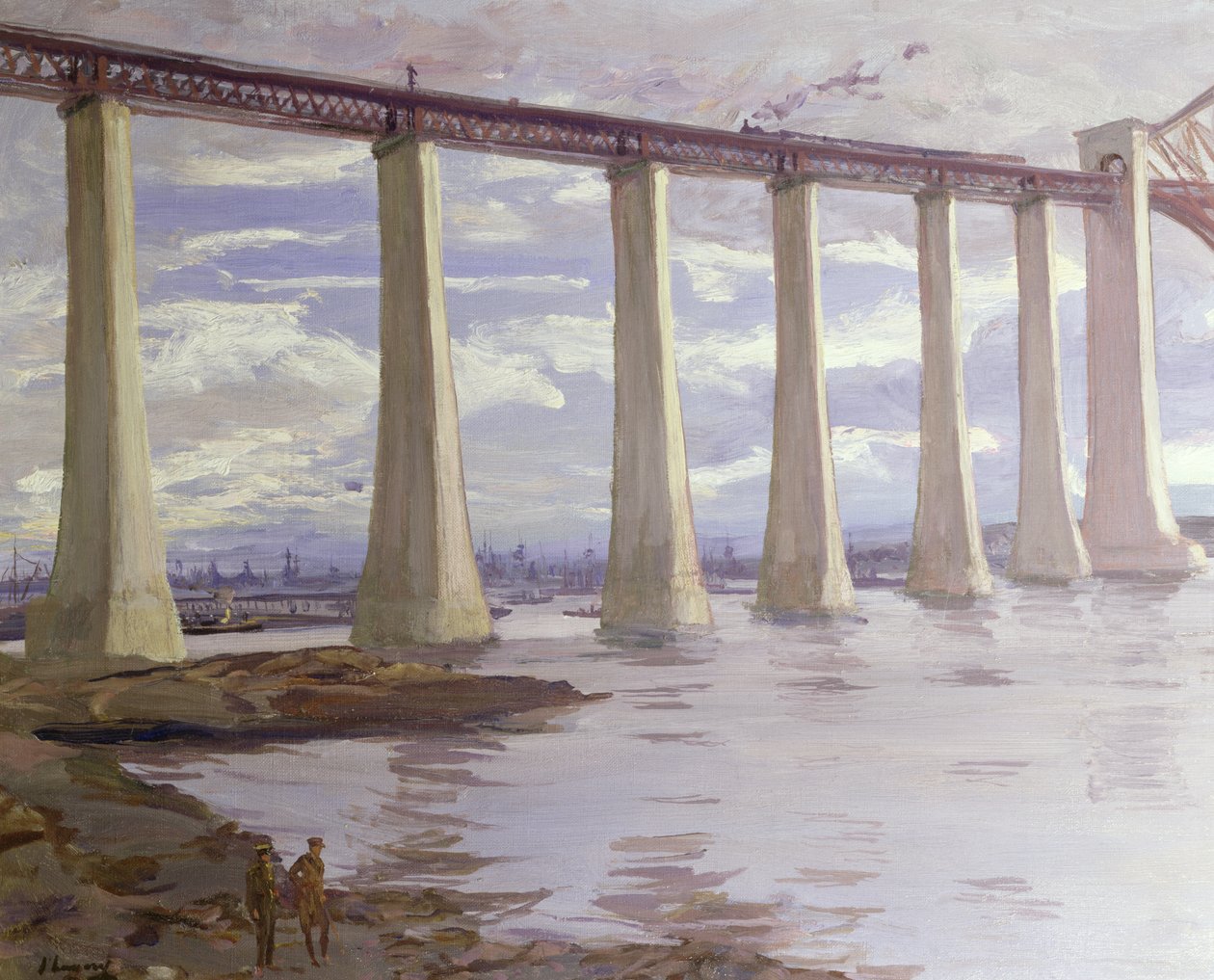The Piers, Forth Bridge com a Grande Frota à Distância, 1917 de John Lavery