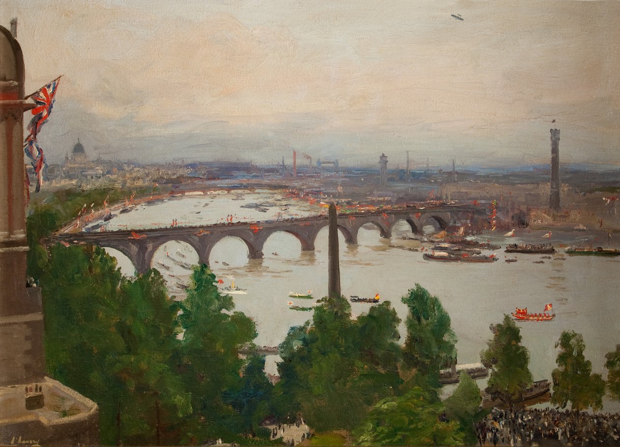 The River Pageant, visto da casa de Sir James Barries, Adelphi Terrace, Londres, 4 de agosto de 1919, 1919 de John Lavery