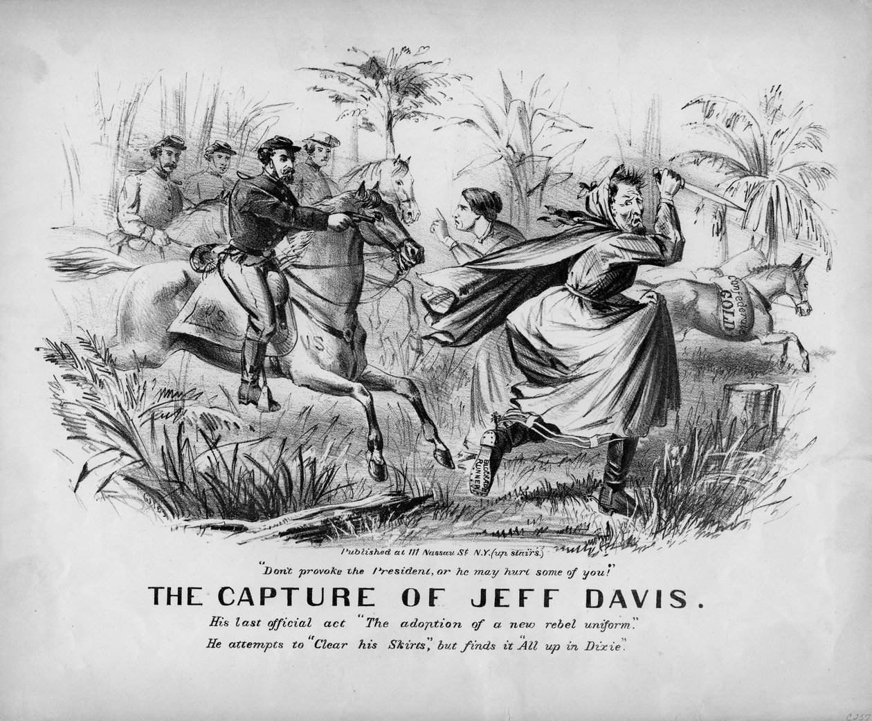 A captura de Jeff Davis: seu último ato oficial A adoção de um novo uniforme rebelde: ele tenta limpar suas saias, mas encontra tudo em Dixie, publicado em Nova York, c.1865 de John Lawrence Giles