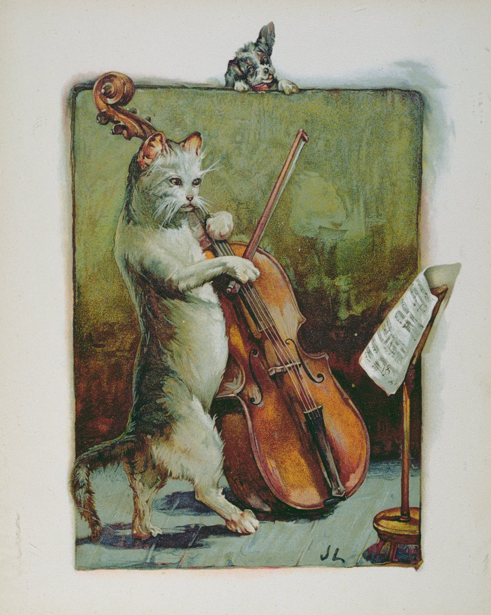O gato e o violino, de um livro ilustrado de rimas infantis de John Lawson