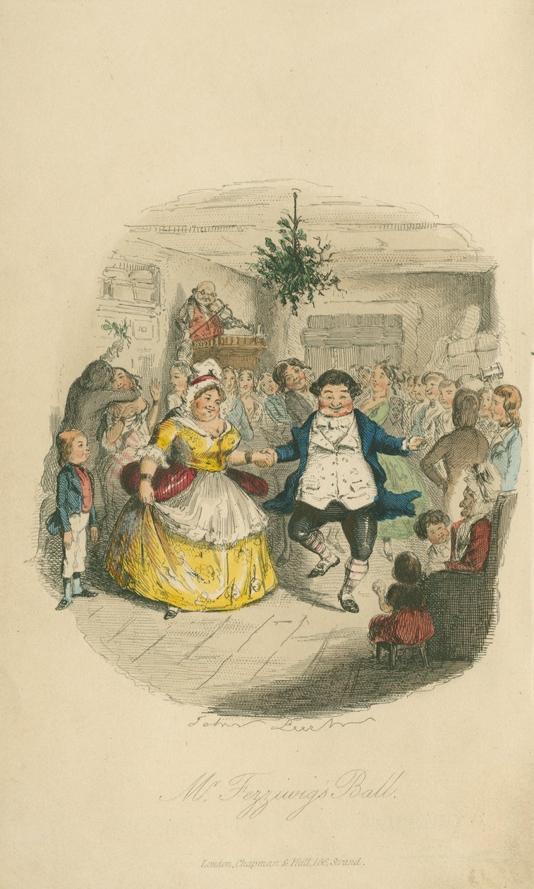 Baile de Fezziwig - A Christmas Carol, 1843 (gravura colorida) de John Leech