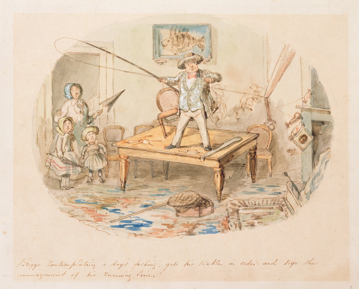 Sr. Briggs contemplando a Pesca do Dia (caneta e wc sobre lápis no papel) de John Leech