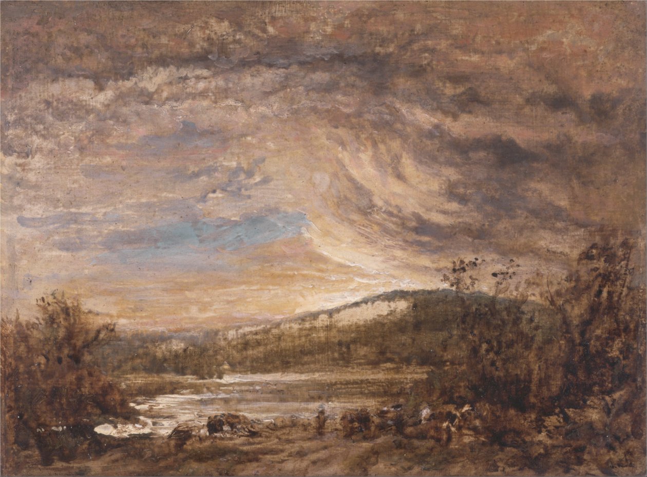 Uma paisagem do rio, pôr do sol de John Linnell