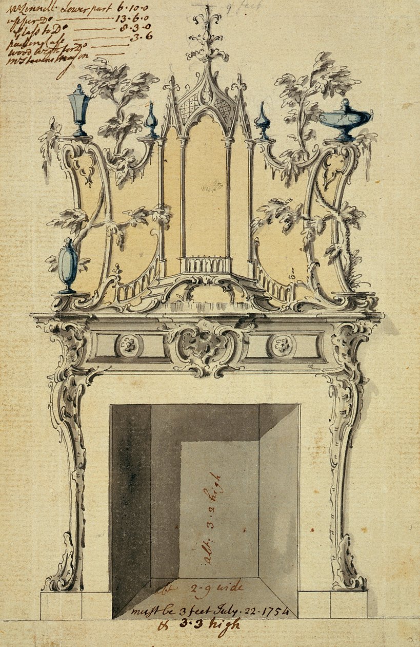 Design para peça de chaminé rococó, 1754 (caneta e tinta sobre papel) de John Linnell