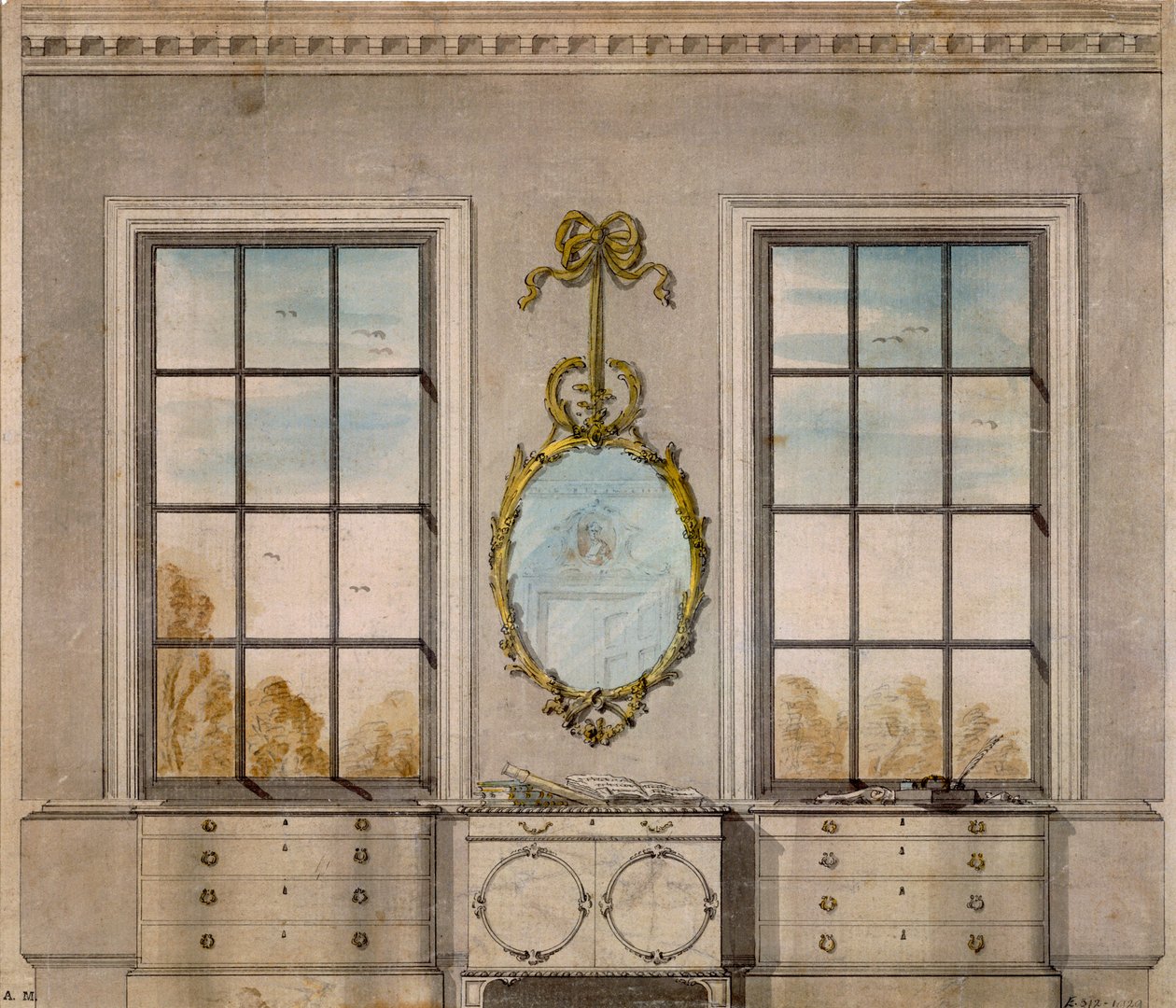 Projeto para um quarto por Linnell John (1723-99), aquarela de John Linnell