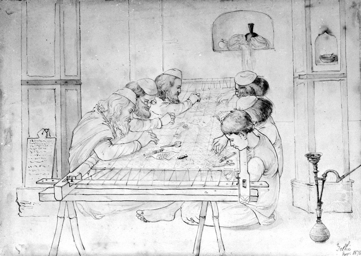 Homens trabalhando em um quadro de bordado, 1870 (lápis, caneta e lavar no papel) de John Lockwood Kipling