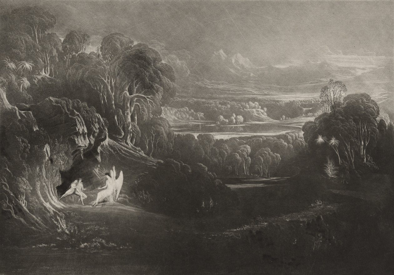 Raphael conversando com Adão e Eva, c.1827 (mezzotint) de John Martin