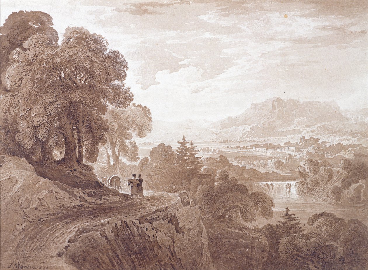 Viajantes em uma estrada acima de um rio, 1821 (lavagem marrom sobre grafite no papel) de John Martin