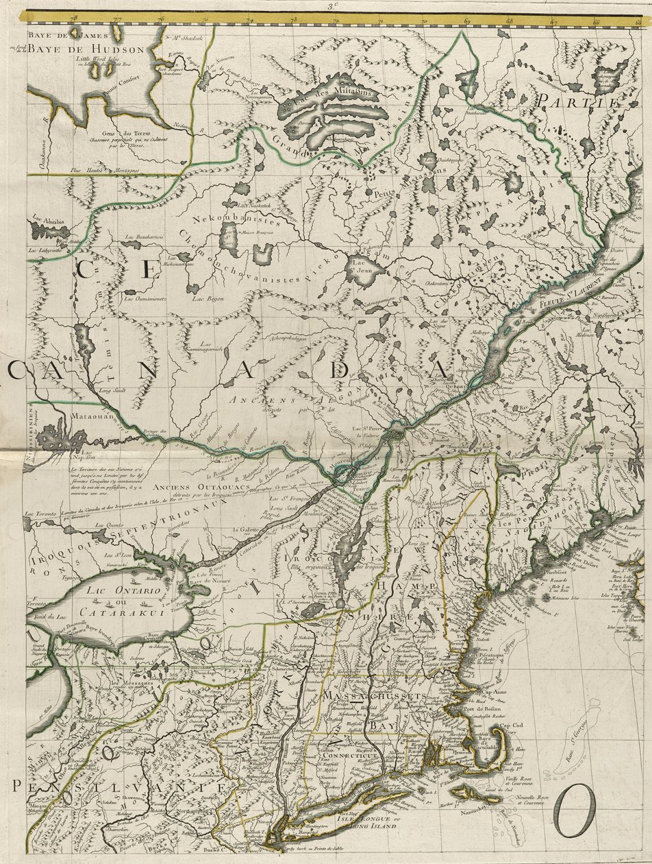 Um mapa dos domínios britânico e francês na América, 1756 (gravura com cor de contorno no papel) de John Mitchell