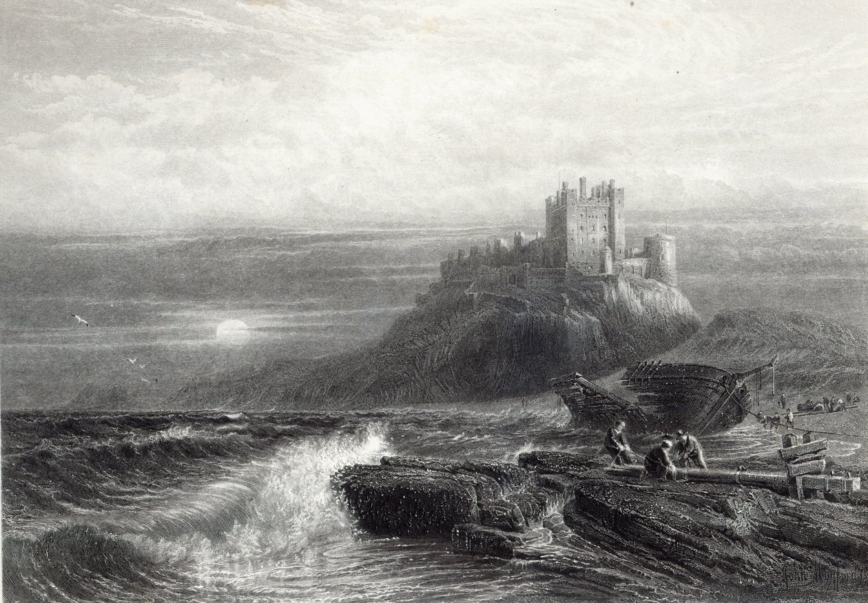 Castelo de Bamborough, gravado por S. Bradshaw, impresso pela Cassell und Company Ltd. de John Mogford