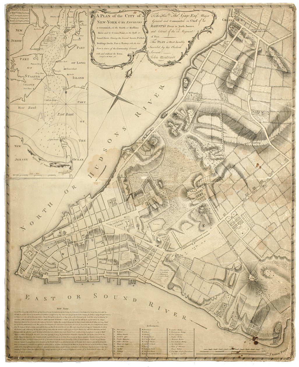 Um Plano da Cidade de Nova York e seus arredores para Greenwich no Rio Norte (Hudson) para Crown Point no East River, pesquisado em 1766, 1775 (litografia) de John Montresor