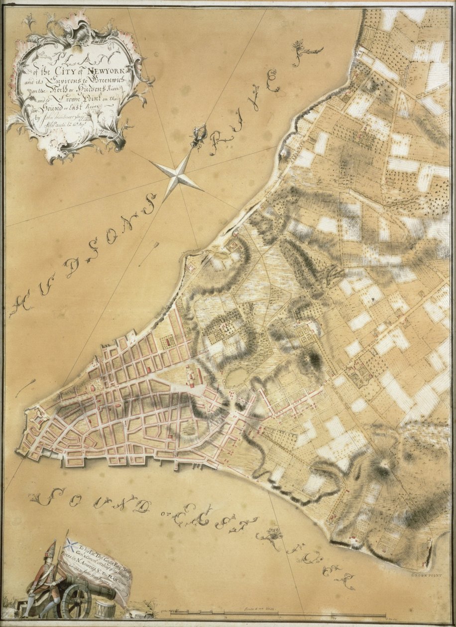 Pesquisa inicial da cidade de Nova York e seus arredores para Greenwich, 1766 (caneta e tinta sobre papel amarelo) de John Montresor