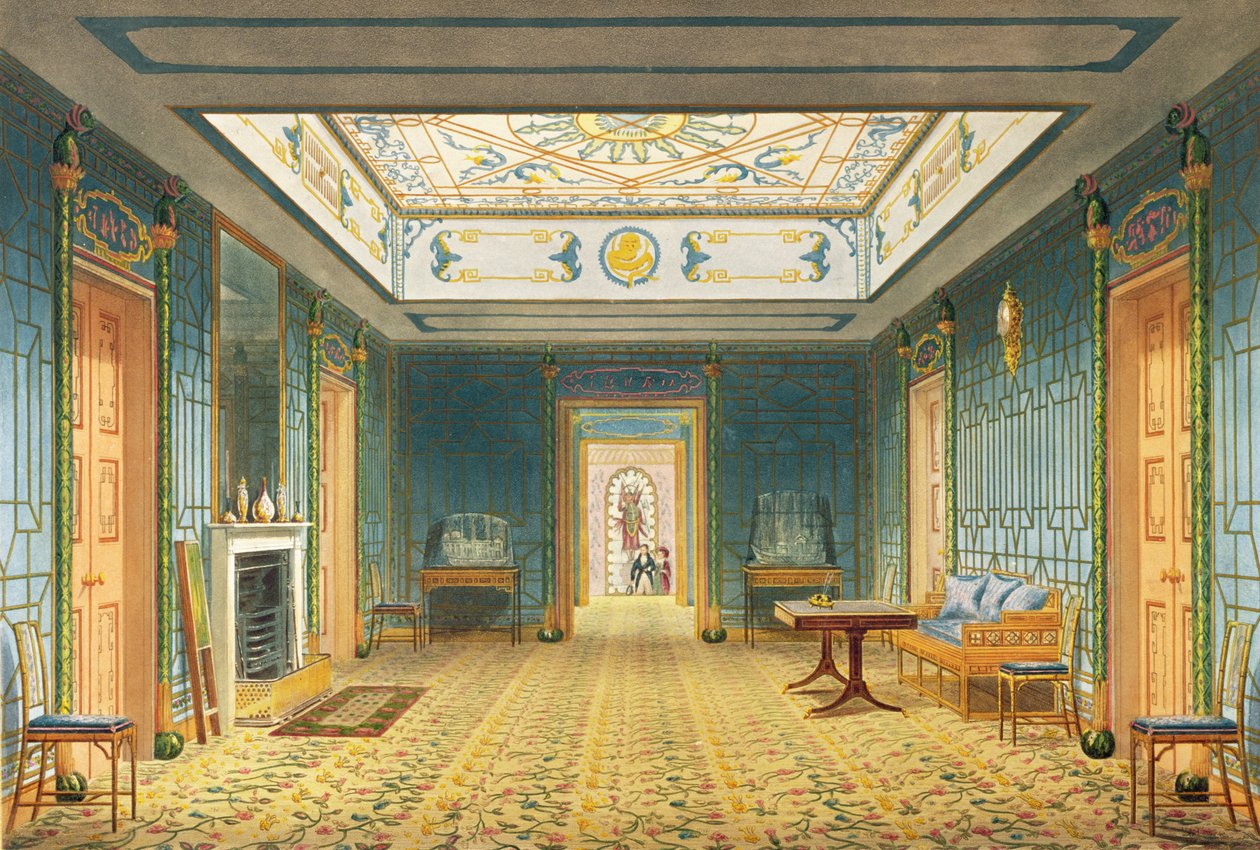 O lobby duplo ou galeria (sul) acima do corredor de vistas do Royal Pavilion, Brighton por John Nash, 1826 (impressão) de John Nash
