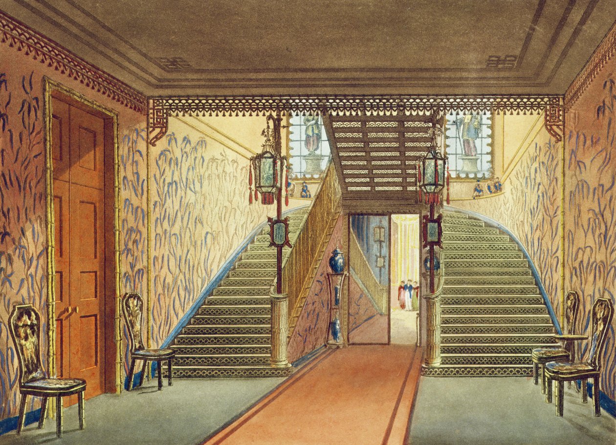 The Staircase, de Vistas do Royal Pavilion, Brighton, por John Nash, 1826 (impressão) de John Nash