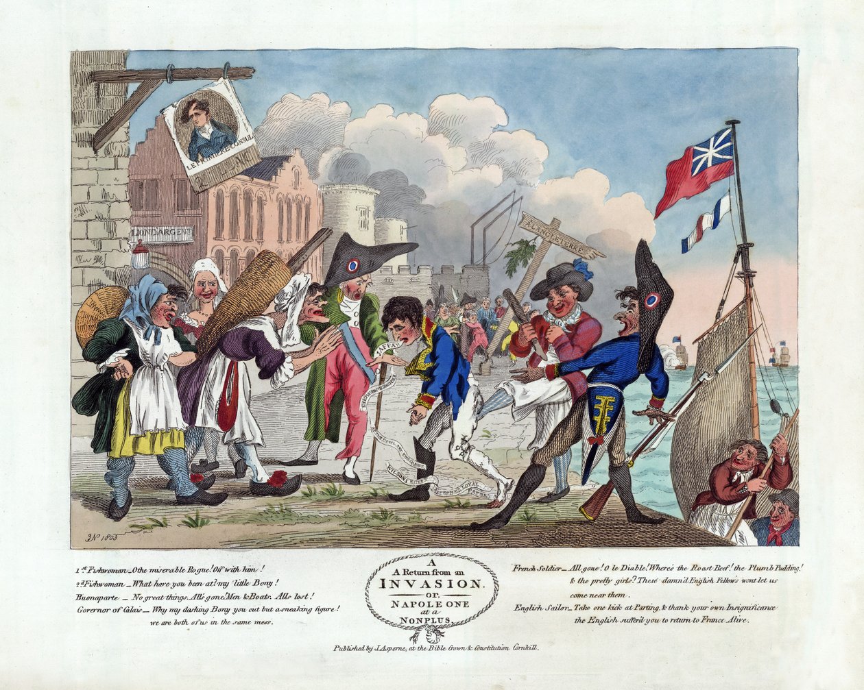 Um retorno de uma invasão, ou Napoleão em um Nonplus, publicado em 1803 (gravura à mão colorida) de John Nixon