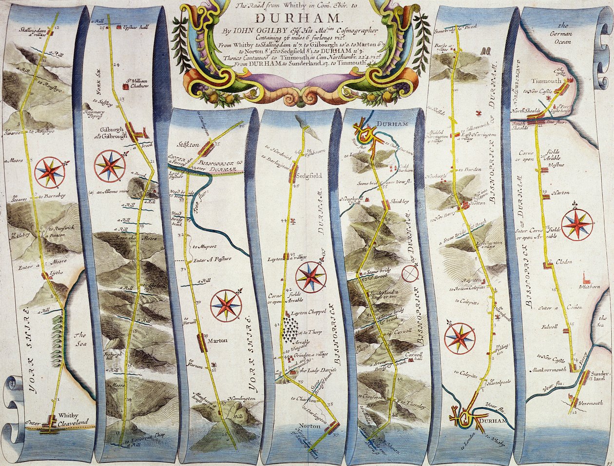Estrada de Whitby para Durham, de "Britannia" de John Ogilby, publicada em Londres, 1675 de John Ogilby
