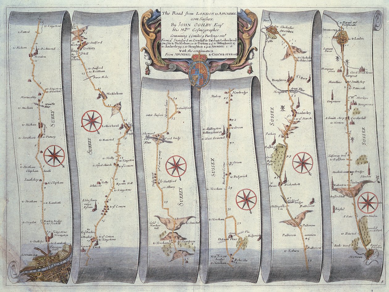 A estrada de Londres para Arundel (gravura a cores) de John Ogilby