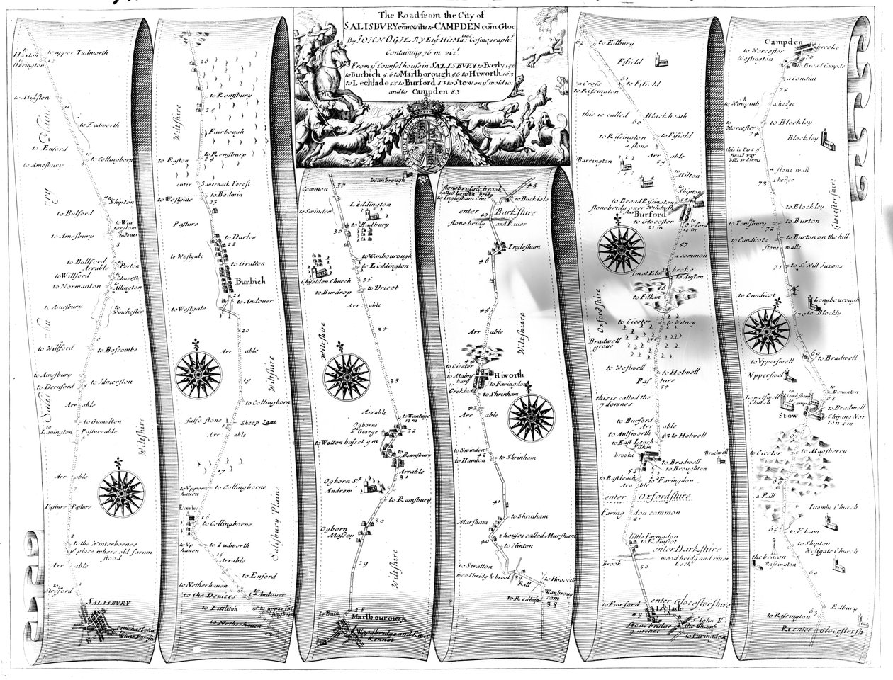 A estrada da cidade de Salisbury para Campden, da "Britannia" de Ogilby, 1675 de John Ogilby