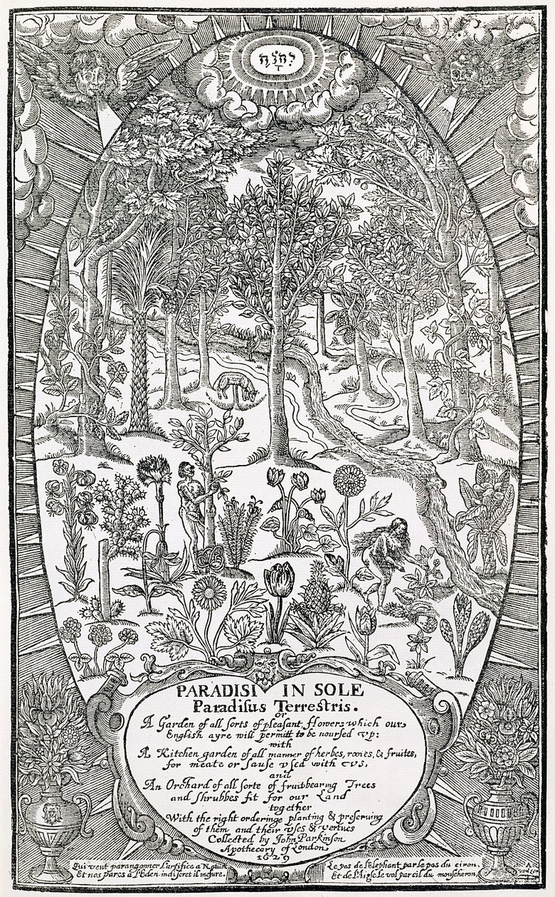 Página de título de Paradisi Sole; Paradisus Terrestris, 1629 de John Parkinson