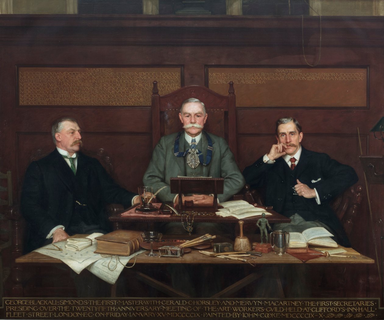 G. Blackall-Simonds (Primeiro Mestre), com Gerald Horsley e Mervyn Macartney, Presidindo o 25º Aniversário do Sindicato dos Trabalhadores de Arte no Clifford&39;s Inn Hall, em Fleet Street, Londres, às sextas-feiras de John Percy Cooke