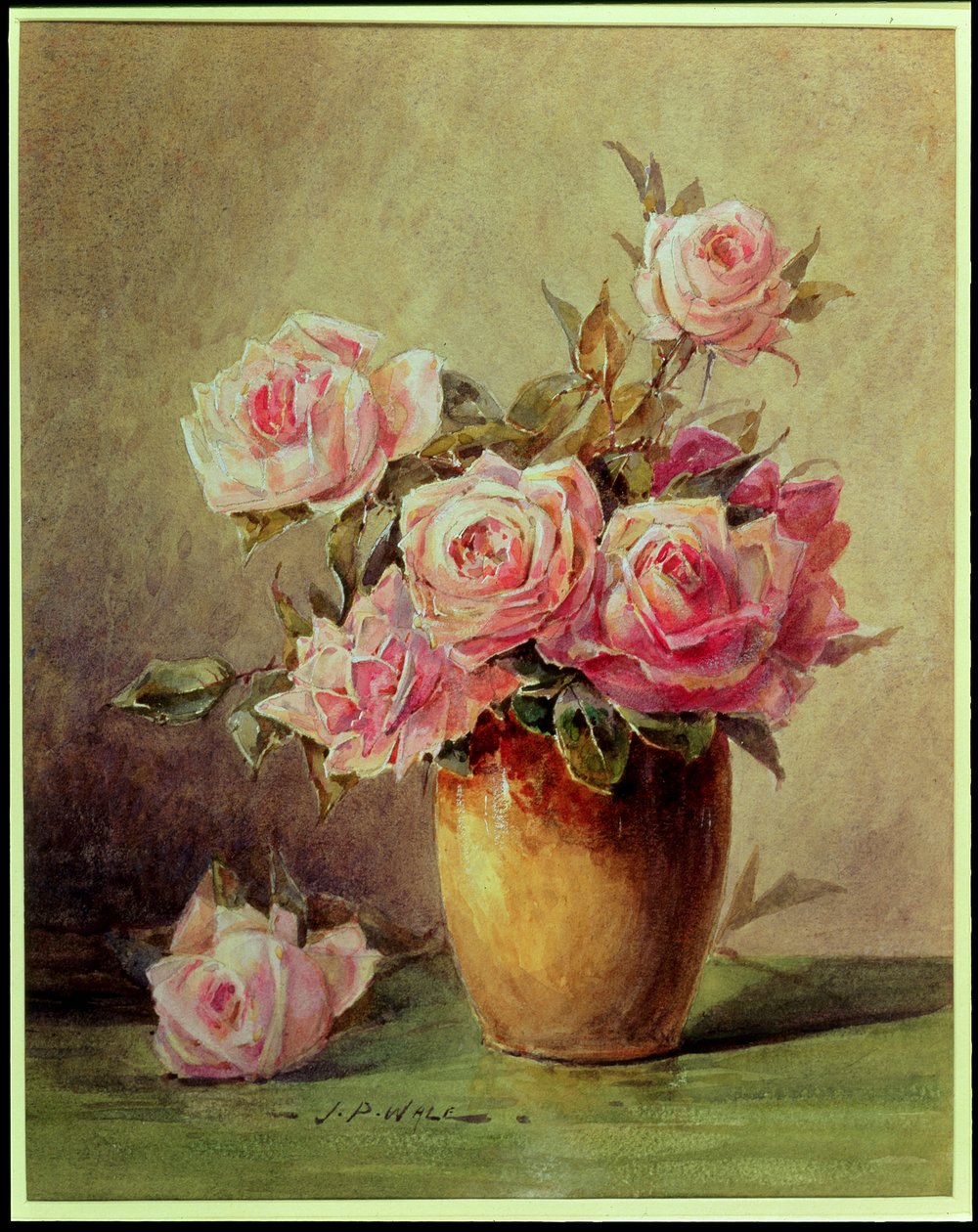 Rosas cor de rosa em um vaso amarelo de John Porter Wale