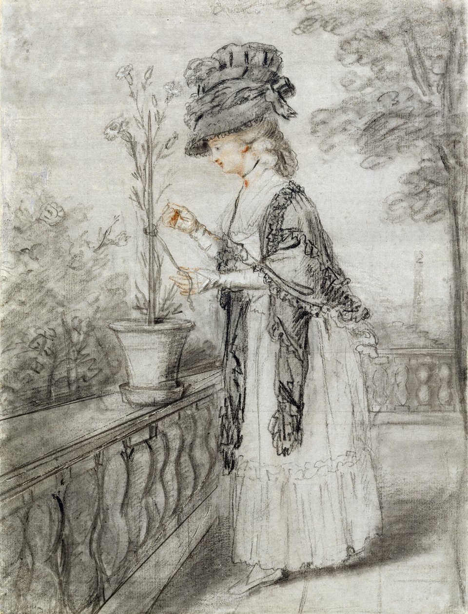 Senhora em um terraço cuidando de uma planta de cravo (giz preto, vermelho e branco no papel) de John Raphael Smith