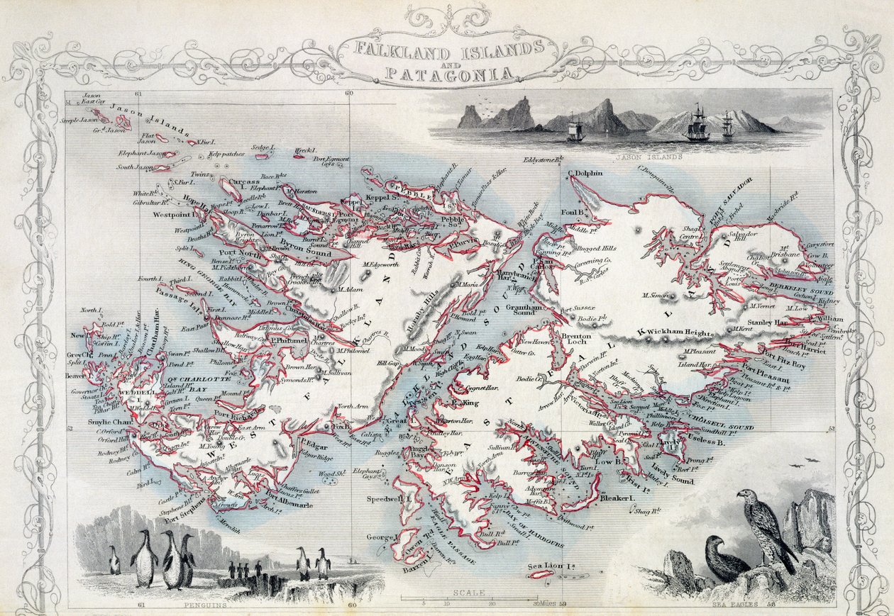 Ilhas Falkland e Patagônia, de uma série de mapas do mundo publicada por John Tallis und Co., Nova York e Londres, década de 1850 de John Rapkin