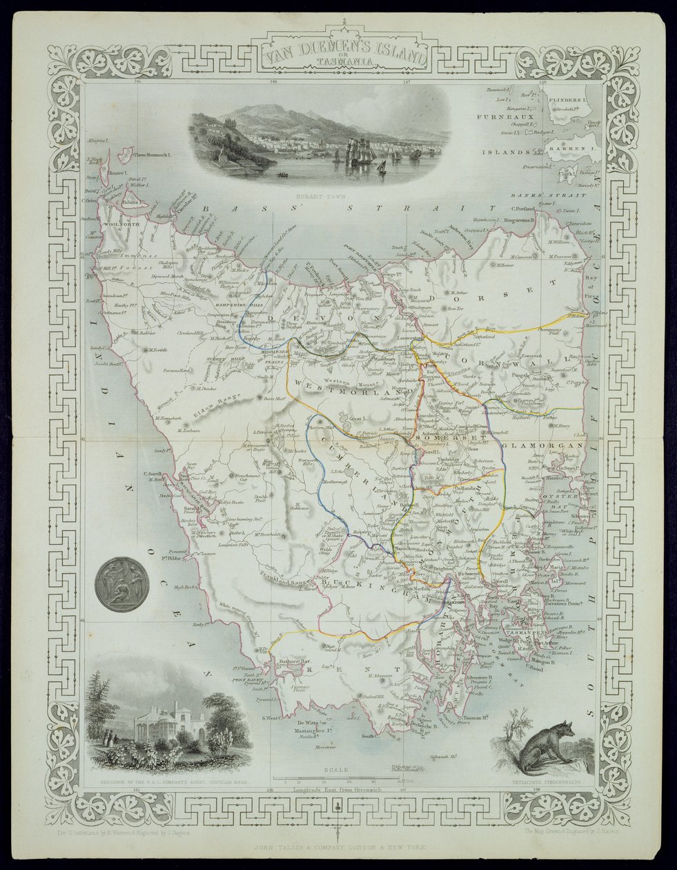 Ilha de Van Diemen ou Tasmânia, de uma série de mapas do mundo publicada por John Tallis und Co., Londres e Nova York, década de 1850 de John Rapkin