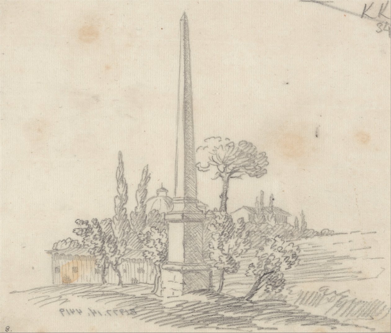 Um Obelisco com telhados e árvores à distância de John Robert Cozens