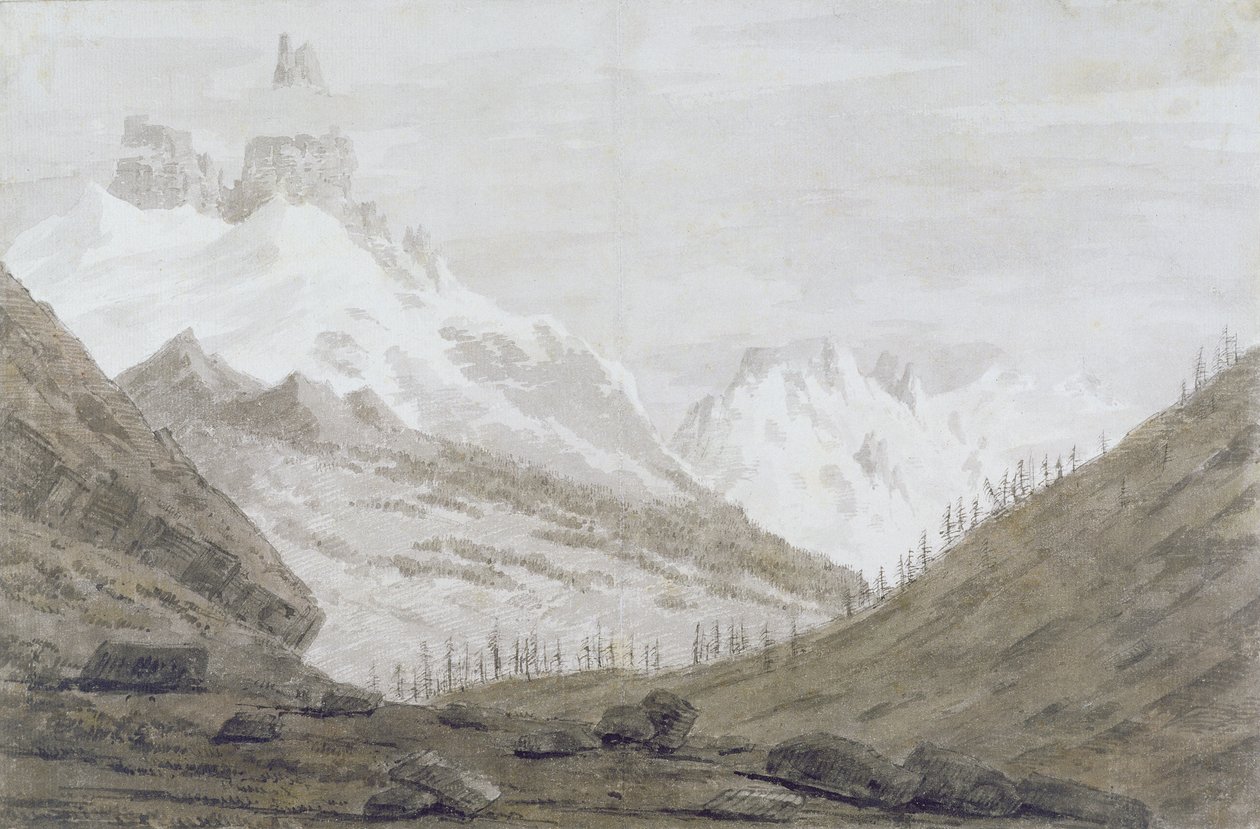 Entre Chamonix e Martigny, 1776 (grafite, caneta e papel) de John Robert Cozens